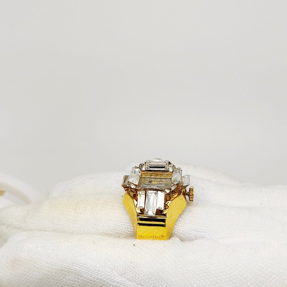Vintage (crystal face) iced out gold tone ring watch by migi (Unsigned) works - Picture 4 of 5